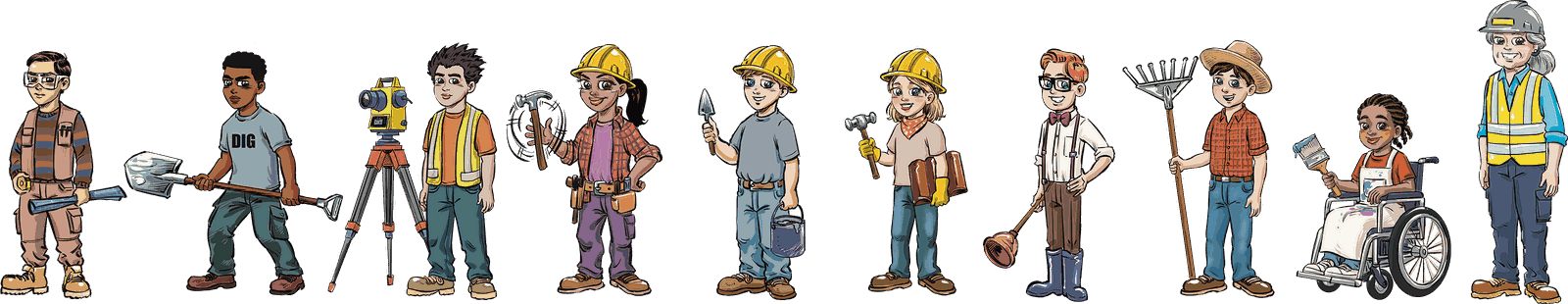 The nine buddies and Mrs. Hayes, each holding the tool of their trade.