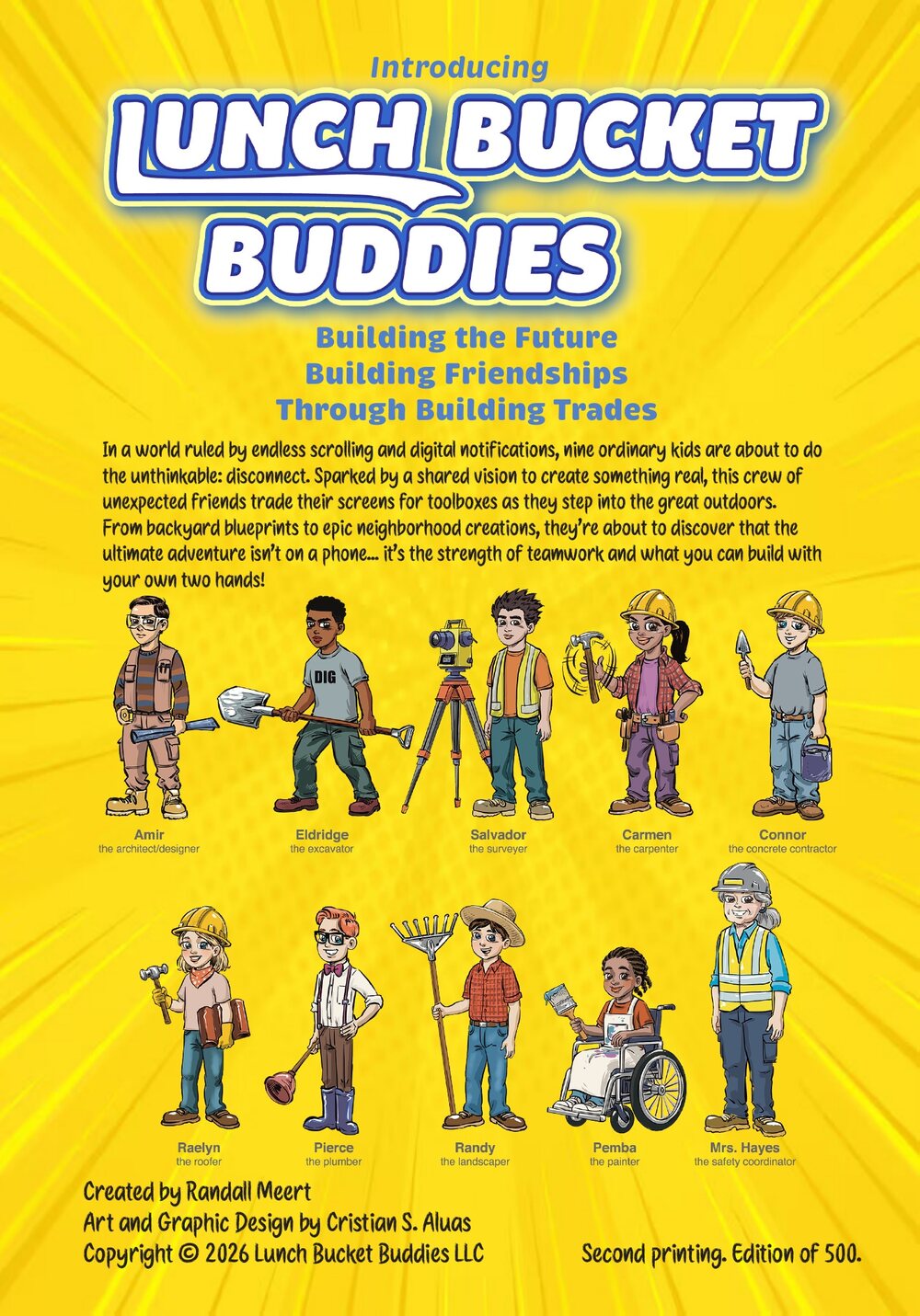 The character line-up: nine buddies and Mrs. Hayes, each with the tool of their trade.