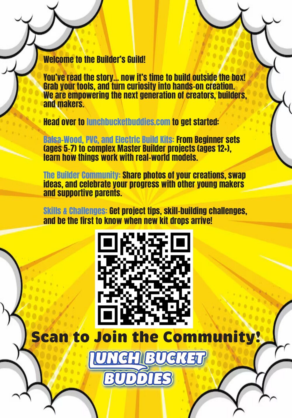 Back page of the comic: Welcome to the Builder's Guild, with a QR code to join the community.