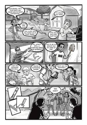 Page 2: The kids hunt through the shed and the yard and turn up real tools.