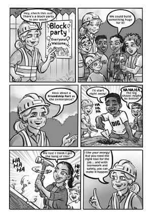 Page 5: A block party poster gives the crew a deadline and the Friendship Fort idea.