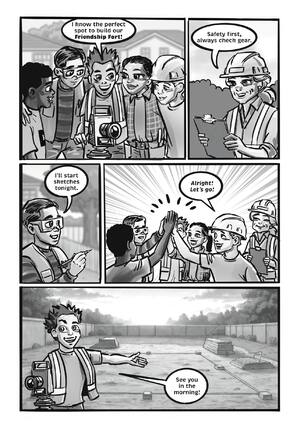 Page 6: Picking the site, checking gear, and a high five to start the job.