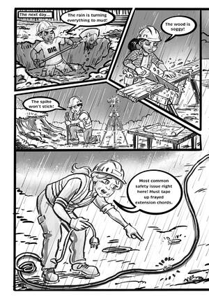 Page 10: Rain. Mud, soggy wood, a spike that will not stick, and a frayed extension cord.