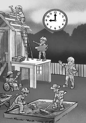 Page 13: The fort goes up — roofing, painting, grading, and the clock running down.