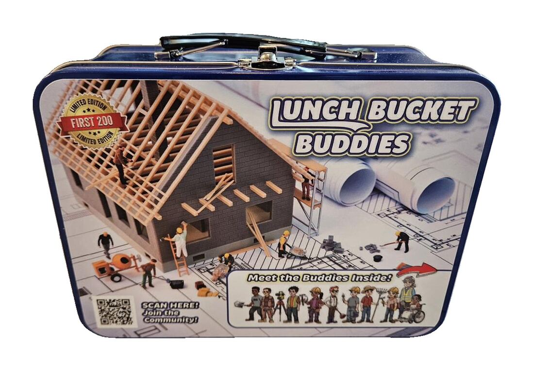 The blue tin Lunch Bucket Buddies bucket, printed with a model house under construction on blueprints.